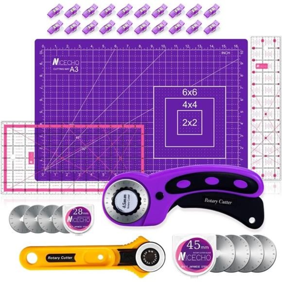 Rotary Cutter Set, Sewing Quilting Supplies,45mm & 28 mm Fabric Cutters,8 Blades